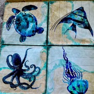 Set of four sea animal canvas bathroom decor